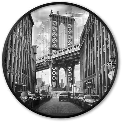 Poster in lijst Rond - Fotolijst 60x60 cm - Posters - Straat - Brug - Amerika - Zwart wit - Ronde posterlijst zwart - Decoratie - Wanddecoratie woonkamer - Muurdecoratie slaapkamer