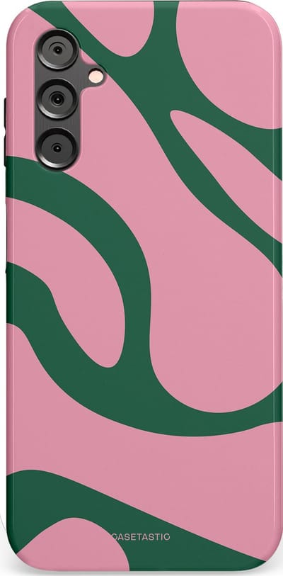 Casetastic hoesje geschikt voor Samsung Galaxy A14 (2023) 5G / Samsung Galaxy A14 (2023) 4G - Dubbellaagse bescherming - Groen Roze Dansende Vormen - Fashion Case - Lichtroze Donkergroen