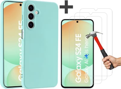 Hoesje geschikt voor Samsung Galaxy S24 FE hoesje zacht siliconen met 3 Stuks gehard glas Screenprotectors- Arara backcover - Mint Groen