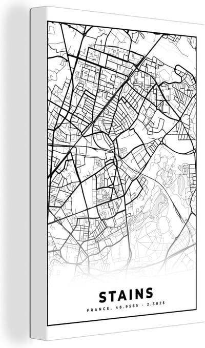 Canvas Schilderij Stains - Stadskaart – Plattegrond – Kaart – Frankrijk - Zwart wit - 20x30 cm - Wanddecoratie