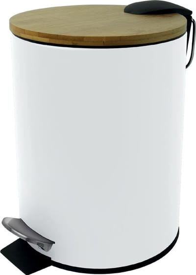 helit Tret-Abfallbehälter the bamboo, 3 Liter, weiß aus pulverbeschichtetem Stahl, Fußpedal, Deckel aus Bambus, - 1 S