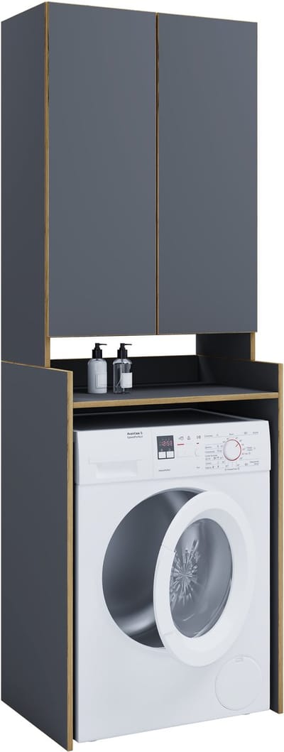 VCM Waschmaschinenschrank mit Aufsatzschrank, Waschmaschinenumbau mit Stauraum hinter Drehtüren, Maße: Überbauschrank H. 200 x B. 67 x T. 48 cm, Rislo
