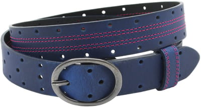 Damesriem kobaltblauw - Smalle leren riem 3cm met rood dubbel stiksel - Leer - Smalle riem - Casual - Maat 85