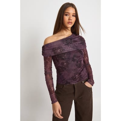 boohoo Dames Bloemenmesh asymmetrische top met lange mouwen | Floral | Maat: 6
