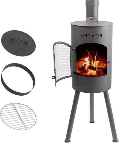 Tuinhaard met Grill - Buitenoven Terrashaard - Buiten Koken Verwarmen - Inclusief Vonkenscherm - 30x30x142 cm - Zwart