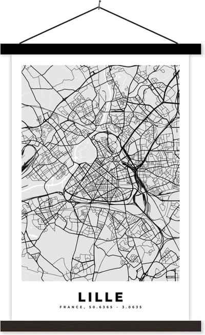 Posterhanger incl. Poster 40x60 cm - Schoolplaat - Plattegrond - Lille - Stadskaart - Kaart - Frankrijk - Textielposter - Zwarte latten - Stadskaart