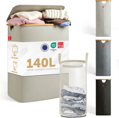 Blumtal Wasmand 140L - Wasmand met 2 uitneembare waszakkken - Wasmand met 2 vakken - Smalle wasmand - Flesverzamelaar - Wasmand met deksel - Beige