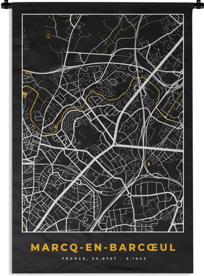 Wandkleed - Wanddoek - Plattegrond - Kaart - Marcq-en-Barœul - Frankrijk - Stadskaart - 120x180 cm - Wandtapijt