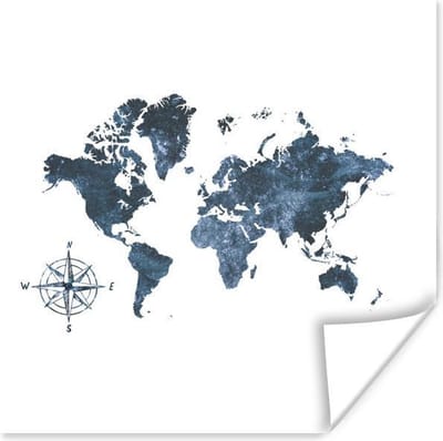 Poster 30x30 cm - Wereldkaart - Blauw - Kompas - Posters - Kamer decoratie - Wanddecoratie woonkamer - Muurdecoratie slaapkamer