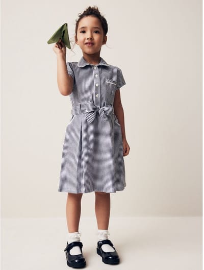 Next - Meisjes - Katoenrijke schooljurk met ceintuur en scrunchie - Blauw