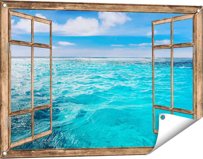 Gards Tuinposter Doorkijk Blauwe Caribische Zee Water - 90x60 cm - Tuindoek - Tuindecoratie - Wanddecoratie buiten - Tuinschilderij