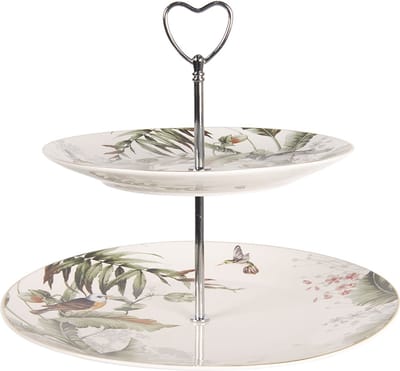 Clayre & Eef Etagère 2 laags Ø 26x24 cm Wit Groen Porselein Vogels