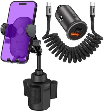 Buddi Way Universele Telefoonhouder Auto Bekerhouder Inclusief Buddi 45W Autolader USB-A + C Poort Snellader en Buddi Flex USB-C naar USB-C Krulsnoer Kabel 60W Fast Charge 1 Meter