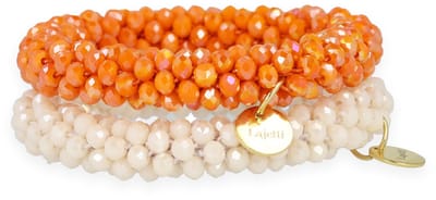 Lajetti - Glaskralen Armband en Haarelastiek in een Set - Champagne en Oranje - Cadeauset