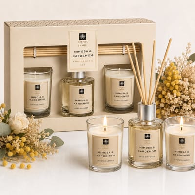 EasyMart Geurstokjes Set met 2 Geurkaarsen – Huisparfum Geschenkset 3-Delig – Reed Diffuser – Mimosa & Kardemom – Kerstcadeau voor Hem & Haar