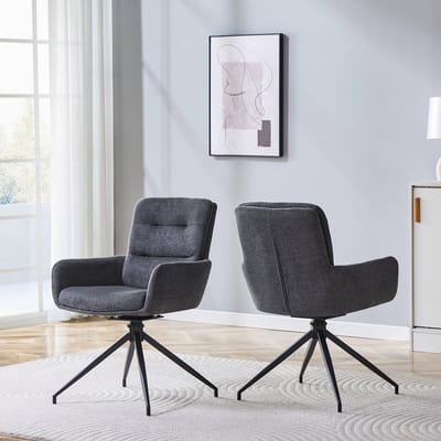 [Set van 2] Europese draaistoel in een licht luxe design: Donkergrijze linnen bekleding + zwarte metalen poten, 360° draaibaar, set van 2 voor eetkamers / ontspanningsruimtes.