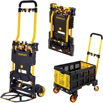 Stanley 2-in-1 Steekwagen en Transportkar - Incl. Vouwkrat - SXWTD-FT585 - Laadcapaciteit tot 137 KG - Opvouwbare Plateauwagen - Multifunctioneel - Zwart/Geel