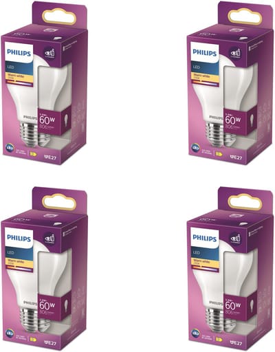 Philips Voordeelverpakking - E27 - LED Standaardlamp - Mat - 60W - Niet Dimbaar - Warmwit Licht - Set van 4 Stuks
