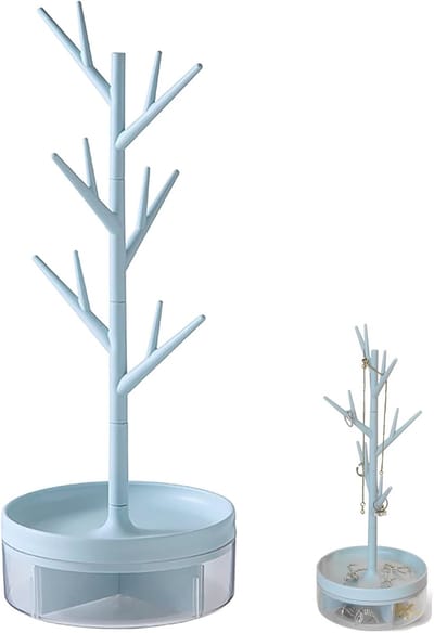 SnelShoppen - Opbergdoos Boom Toren Hangende Sieradenstandaard Blauw met Draaischijf en Opbergdoos voor Sieraden, Oorbellen en Kettingen voor Dressoir