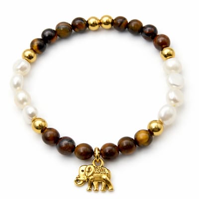 Marama - Tijgeroog & Zoetwaterparel Armband met Olifant Bedel – Elastisch 17-19 cm – Stainless Steel Goudkleurig – Hypoallergeen Dames Sieraad