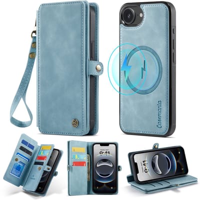 Casemania Hoesje Geschikt voor Apple iPhone 16e - Aqua Blue - 2 in 1 Magnetische Bookcase met Uitneembare Back Cover - Geschikt voor MagSafe - Telefoonhoesje met 10 Pasjesvakken / Polsband - Wallet Case met Pasjeshouder