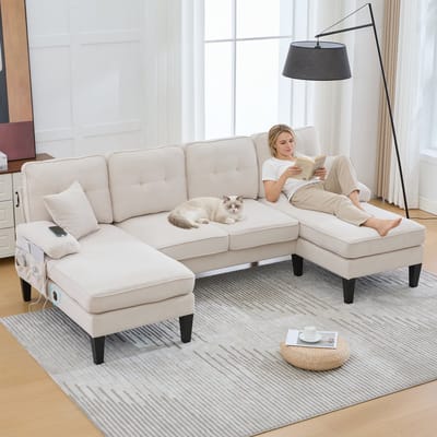 Grote U-vormige vierzitsbank in zachte linnen stof, moderne rugleuning, met twee chaise longues, stevige poten en comfortabele zitkussens met sierkussens – elegant voor elke woonkamer. Beige