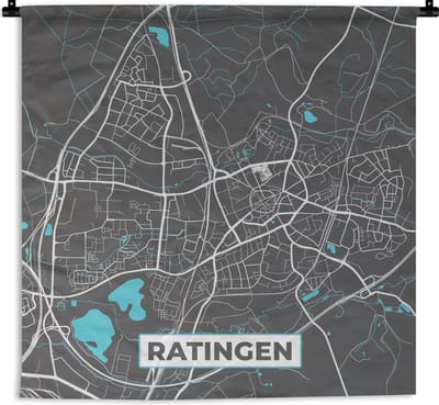 Wandkleed - Wanddoek - Stadskaart – Plattegrond – Duitsland – Blauw – Ratingen – Kaart - 180x180 cm - Wandtapijt