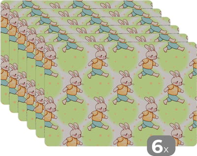 Placemat - Placemats kunststof - Konijn - Patronen - Kinderen - Cartoon - 45x30 cm - 6 stuks - Hittebestendig - Anti-Slip - Onderlegger - Afneembaar
