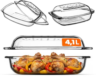 KADAX Glazen pan met hittebestendig deksel, vuurvaste container voor lasagne, groentestoofpot, braadpan (rechthoekig - 4,1 l)