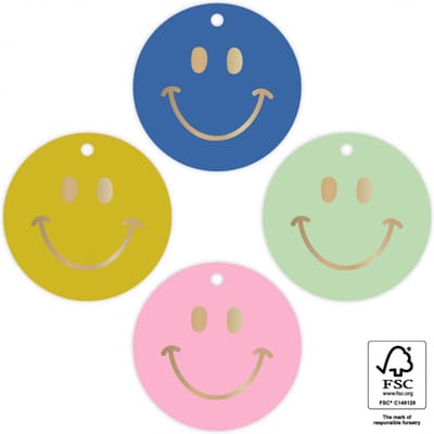 Vintage / Retro Label Kaartje - Kadolabel Smiley - 4 assorti | Geel - Blauw - Groen – Rose | Karton incl. boorgaatje | Cadeau – Gift – Leuk inpakken | Baby – Geboorte – Kraamcadeau | Verpakking – Geschenk – Tag | DH collection