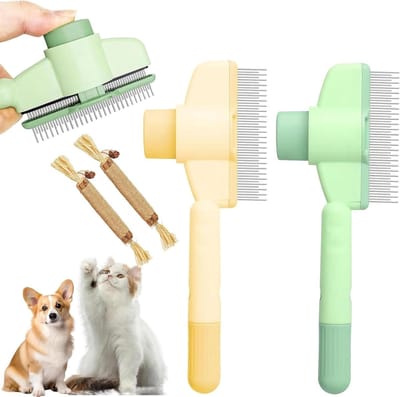 Huisdier Borstel - Kattenkam Hondenkam - Vacht Verzorging - Zelfreinigend Ontwerp - 2 Stuks - Groen Geel