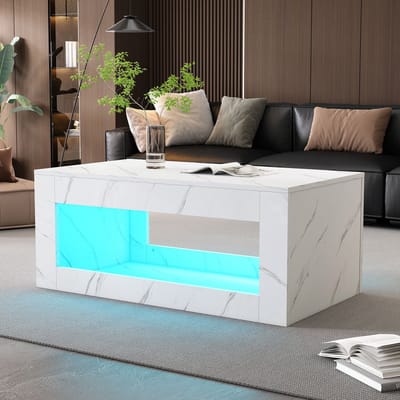 DESMIU Salontafel - Moderne Glanztafel Met LED Verlichting En Open Opbergruimte - Voor Woonkamer En Interieur - Spaanplaat - Wit - 100x50x50 Cm