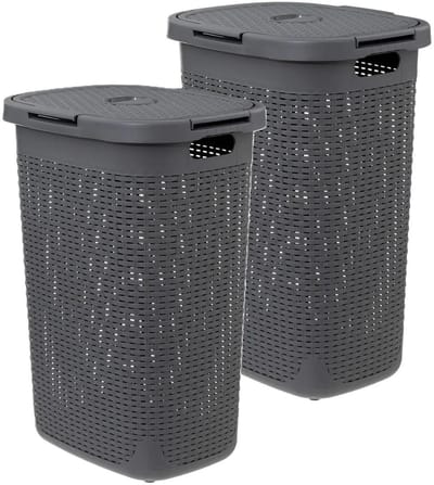 5Five Wasmand met deksel Rotan - 2x - donkergrijs - gevlochten kunststof - 60 liter - 45 x 35 x 66 cm
