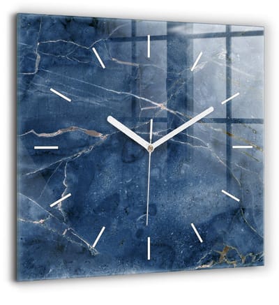 Wallfluent Wandklok - Blauwe marmertextuur Klok met Print - 60 cm x 60 cm - Blauw Wandklok - Witte Handen - Wandklok Zonder Cijfers - Stille Wandklok Slaapkamer - Vierkante Glazen Klok - Minimalistisch Wandklok - Klok met Afbeelding