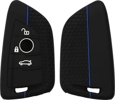 kwmobile autosleutel hoesje geschikt voor BMW 3-knops Smart Key autosleutel hoes - Siliconen autosleutel behuizing - Auto sleutel case met honingraat - Sleuteletui in zwart / blauw