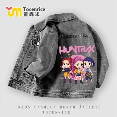 Groupe de Filles Sorcières Mode Printanière Décontractée Veste en Jean pour Filles Enfants Moyens Grands Col Montant Boutonnée Manteau 150 black