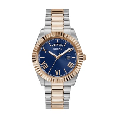 Guess Heren Horloge GW0265G12 Staal Bi-color Rosegoud Quartz en Blauwe Wijzerplaat