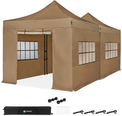 VONROC Partytent – 6x3 m – Premium easy-up Partytent - Set incl. 2x Tent, Zijwanden en Kop-pelsysteem - Modulair Ontwerp – Opvouwbaar – Waterdicht – Stalen Frame - 50+ UV Bescher-ming - Incl. Opbergtassen – Beige