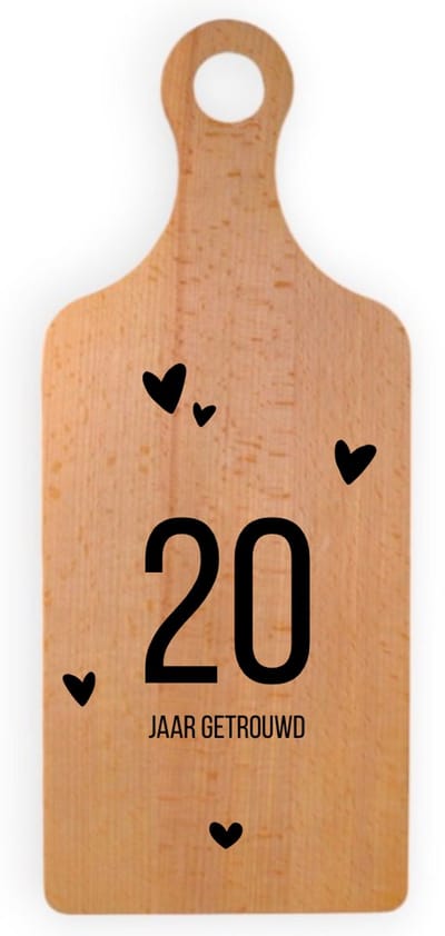 20 JAAR GETROUWD - Jubileum Borrelplank met Handvat 34 x 14 cm - Cadeau - Kado Tip - Beukenhout - Serveerplank - Hapjesplank - Kaasplank - Cadeau tip!