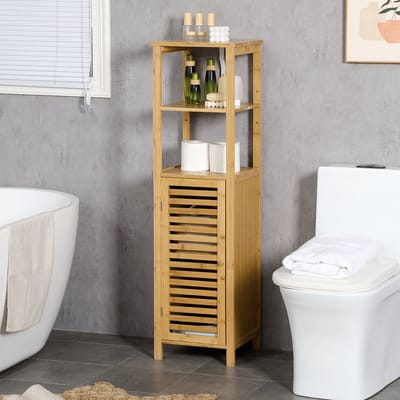MODFU Badkamerkast – 32,9x29,9x120 cm – Met verstelbare planken & lamellendeur – Ruimtebesparende opbergkast voor badkamer, toilet of wasruimte – Natuurlijk bamboe – Kleur naturel