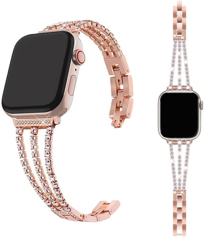 Stravo Luxe Dames Horlogebandje met Strass – Elegant RVS Schakelbandje – Geschikt voor Apple Watch 42mm (Series 11/10) , 41mm (Series 9/8/7), 40mm (Series 6/5/4/SE 1/2/3), 38mm (Series 3/2/1) – Roségoud