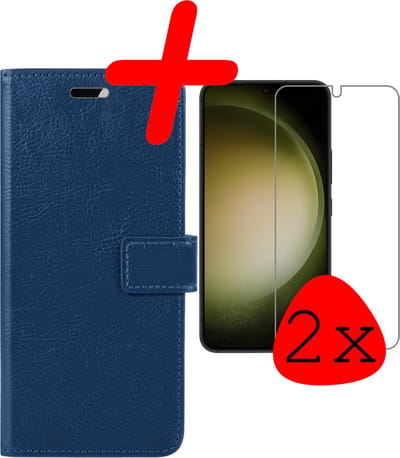 Hoesje Met 2x Screenprotector - Geschikt voor Samsung Galaxy S23 - Luxe Pasjeshouder - Bookcase Portemonee - Flip Case - Kunstleer Book Case - Flipcase Hoes - Book Cover - Walletcase - Portemonneehoes - Donkerblauw