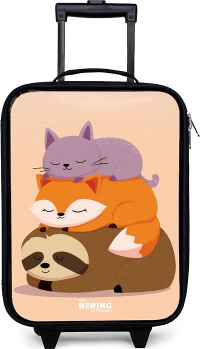 NoBoringSuitcases.com® - Kinderkoffer jongen - Kindertrolley meisje - Dieren - Slapen - Samen - Koffer kind lichtgewicht - Reiskoffer trolley voor kinderen - Koffertje met lichtgevende wieltjes - Rolkoffer zwart