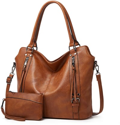 Dames Tassen Set 2-delig - Grote Handtas en Portemonnee - Bruin- PU Leer - Laptoptas 15.6 inch - Schoudertas en Crossbody - Tote Bag