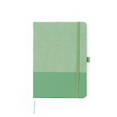 Notitieboek Groen A5 omslag corudroy stof en PU leer 80 vellen gelinieerd papier bladwijzer en elastiekje voor pen aan zijkant model Suly