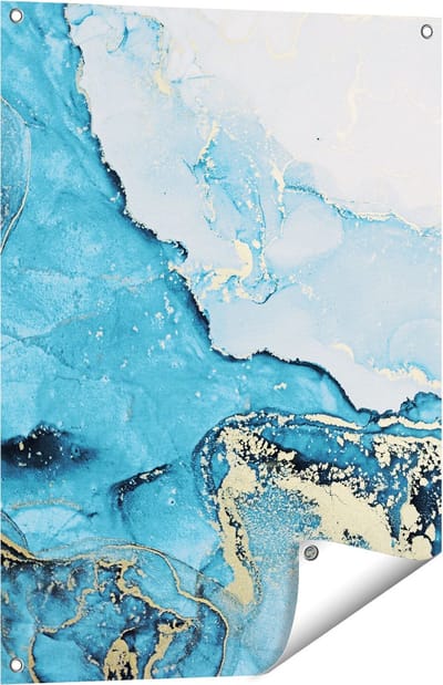 Gards Tuinposter Abstracte Kunst van Blauwe Marmer met Goud - 60x80 cm - Tuindoek - Tuindecoratie - Wanddecoratie buiten - Tuinschilderij