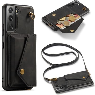 Casemania Hoesje Geschikt voor Samsung Galaxy S22 Plus - Charcoal Gray - Luxe Backcover met Koord en Magnetische Sluiting - Portemonnee Wallet Case met Pasjeshouder en Opbergvak - Lanyard Telefoonhoes - Cord Case