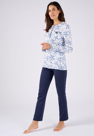 Damart - Ribgebreide pyjama, licht geborstelde binnenkant - Dames - Blauw - 38-40 (S)