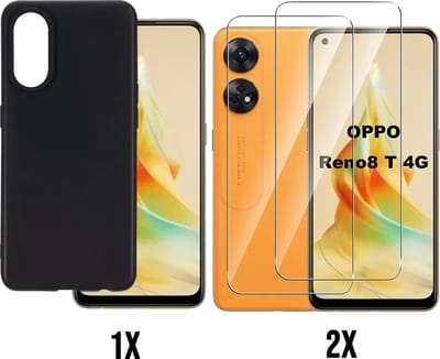 Casemania Hoesje Geschikt voor Oppo Reno 8T Zwart & 2X Glazen Screenprotector - Siliconen Back Cover