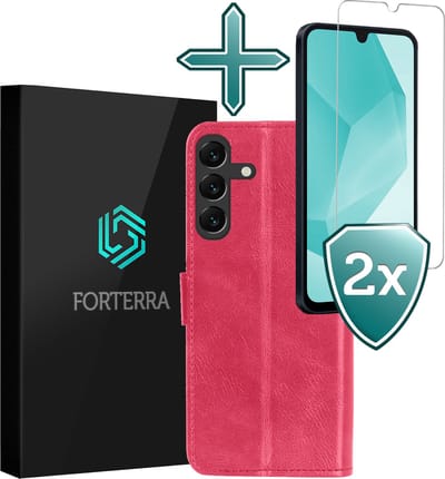 Hoesje Met 2x Screenprotector - Geschikt voor Samsung Galaxy A16 - Luxe Pasjeshouder - Flip Case - Bookcase Portemonee - Kunstleer Book Case - Flipcase Hoes - Book Cover - Walletcase - Portemonneehoes - Donkerroze